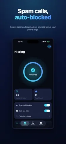 Nixring home screen with a protection shield, the number of spam numbers currently shielding the phone, and switches for call blocking and the junk text filter.