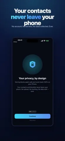 Nixring setup screen stating that contacts and the blocklist never leave the phone, with no account and no servers.