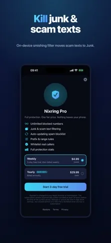 The Nixring Pro screen listing unlimited blocked numbers, junk text filtering, an auto-updating blocklist, prefix rules, a whitelist and full stats, with a weekly and a yearly plan.