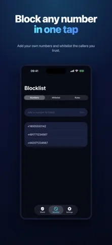 The Nixring blocklist screen with tabs for numbers, whitelist and rules, showing three phone numbers added by hand.